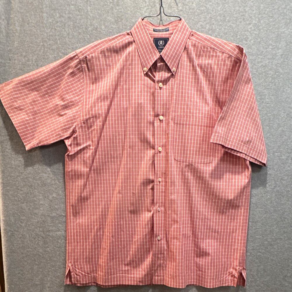 IZOD Saltwater Mens L Woven Cotton Pink White Plaid Short Sleeve Button-Up